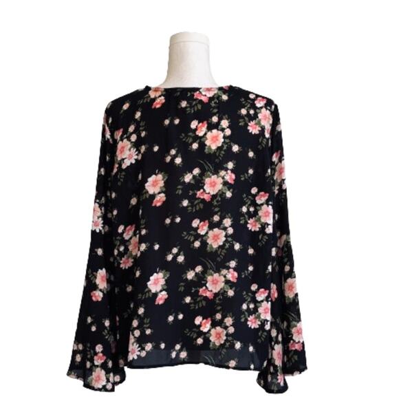 Planet Gold Black Pink Floral V-Neck Bell Sleeve Top Blouse Top Size 1X NEW - Picture 6 of 12